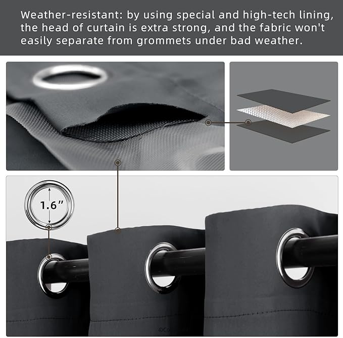 Waterproof Outdoor Curtain W105 x L108 - Grommet Top Sunlight Blocking Window Treatment Drapes Blackout Curtains for Home Bedroom Living Room Outdoor Patio Porch Pergola, Dark Gray, 2 Panels