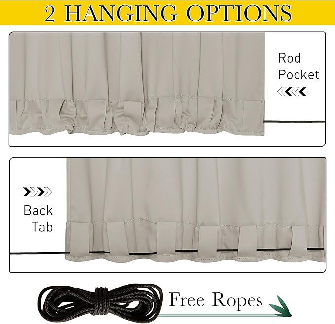 NICETOWN 2 Panels Outdoor Curtains for Patio Extra Wide 84", Waterproof & Windproof Grommet & Back Tab Fixed Top and Bottom Sun Blocking Privacy Drapes with Rope for Gazebo, Natural, W84 x L84