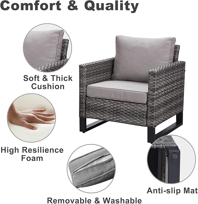 Belord 7 Piece Outdoor Furniture Patio Wicker Sofa Set, Oversize Outdoor Dining Chairs with Rattan Ottomans, Conversation Sets Patio Furniture Come with Removable Washable Cushion Grey
