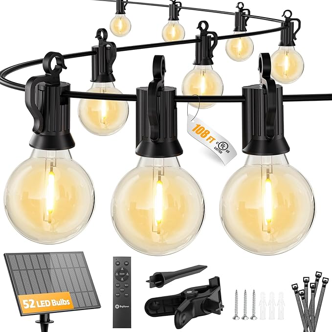 Brightown 108FT 52 LED Solar String Lights Outdoor with Remote & USB Port, Shatterproof Bulbs, Dimmable & Timable, 3 Light Modes, Patio Lights Solar Powered for Camping Backyard Garden Decor