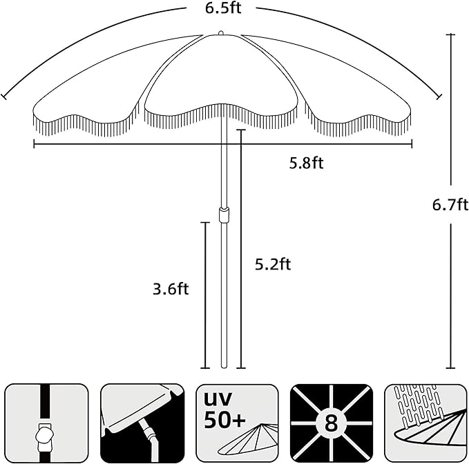 AMMSUN 6.5ft Boho Outdoor Umbrella with Fringe, UPF 50+ Picnic Umbrella with Tassels, Premium Steel Pole and Push Button Tilt, Light Beige