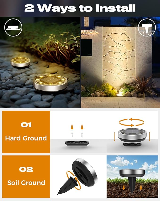 btfarm 10 Pack Solar Ground Lights Outdoor, 8 LED Solar Disc Lights IP65 Waterproof Flat Solar Light, Pathway Lights Solar Powered for Garden Lawn Patio Yard Path Landscape, Warm White