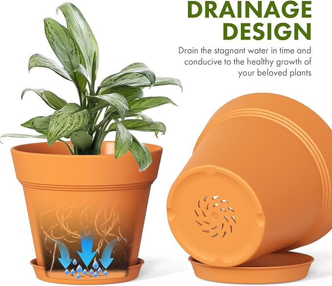 4 Inch Plastic Plant Pots with Drainage Holes and Trays – 8 Pack Small Nursery Pots for Indoor & Outdoor House Plants and Flowers, Seedling Starter Planters, Terracotta