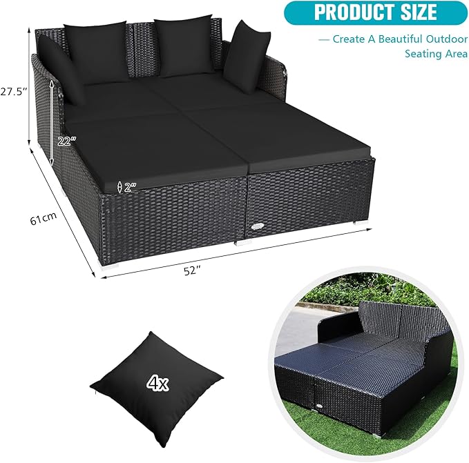 RELAX4LIFE Rattan Patio Outdoor Daybed, Wicker 2-Person Sunbed Loveseat with Soft Cushions, 4 Pillows, Curved Backrest & Armrest, Double Bed Lounger Sofa Set for Balcony Porch, Patio Bed (Black)