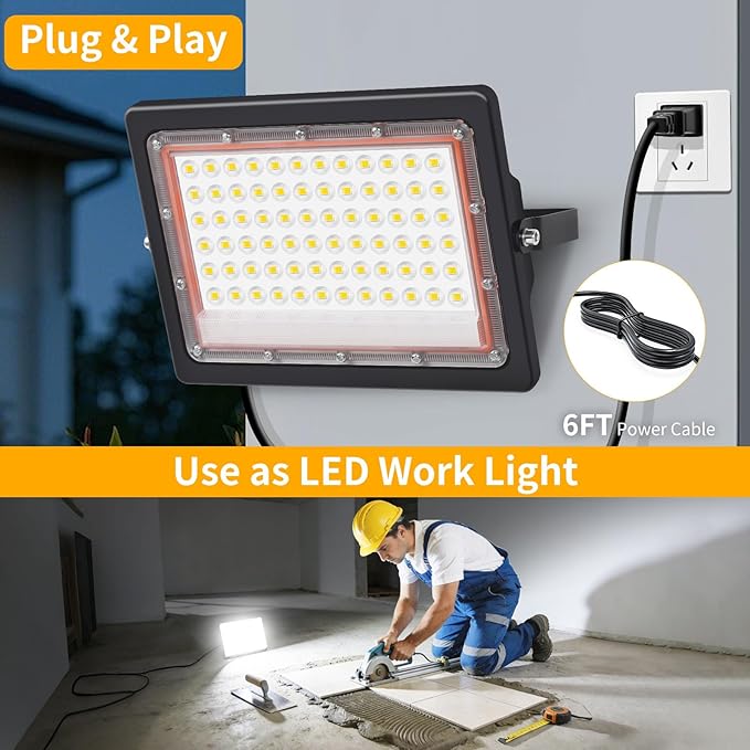 60W LED Flood Light Outdoor with 6ft Plug, 7200LM Brighter Exterior Security Lights, 5000K Daylight Floodlights, IP66 Waterproof for Yard, Garage, Workshop, Lawn, 2 Pack
