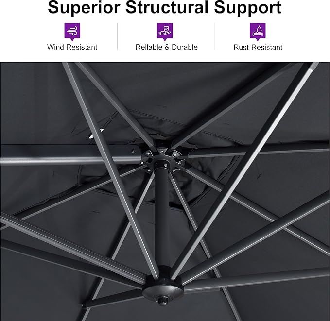 PURPLE LEAF 10 Feet Patio Umbrella Outdoor Cantilever Square Umbrella Aluminum Offset Umbrella with 360-degree Rotation for Garden Deck Pool Patio, Grey