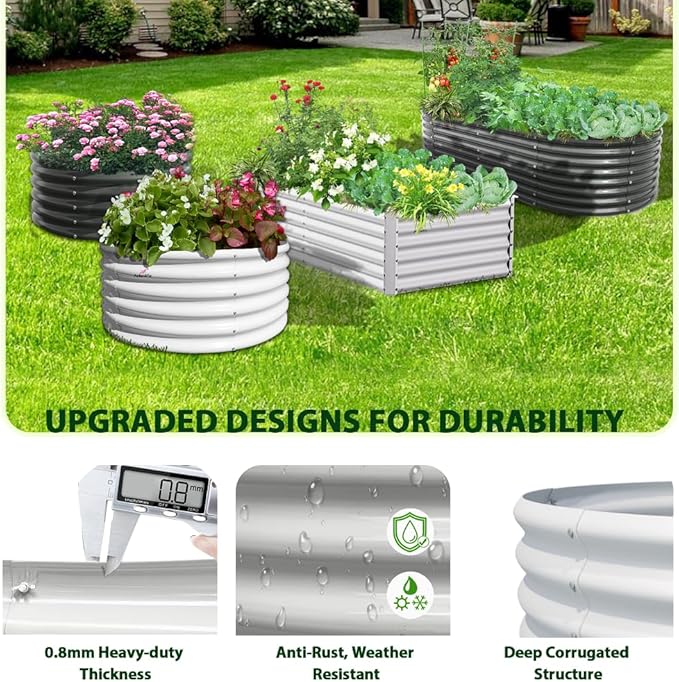 A ANLEOLIFE 8-Set 8X4X2 ft Galvanized Raised Garden Bed Kit, Oval Metal Deep Root Planters for Outdoor Plants, Antique White