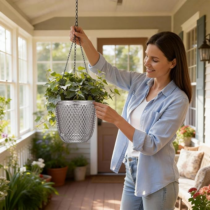 QCQHDU Self Watering Hanging Pots, 2 Pack 5.7 Inch Hanging Planters for Plants Indoor, Outdoor Flower Pots with Drainage Holes and 3 Hooks Chains for Garden Home (Gray)