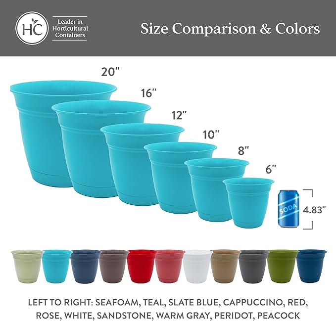 The HC Companies 6 Inch Eclipse Round Planter Pots with Drainage Holes & Attached Saucer, Lightweight UV-Resistant Plastic Indoor Outdoor Planters, 4-Pack Flower Pots for Garden & Home Decor, Peacock