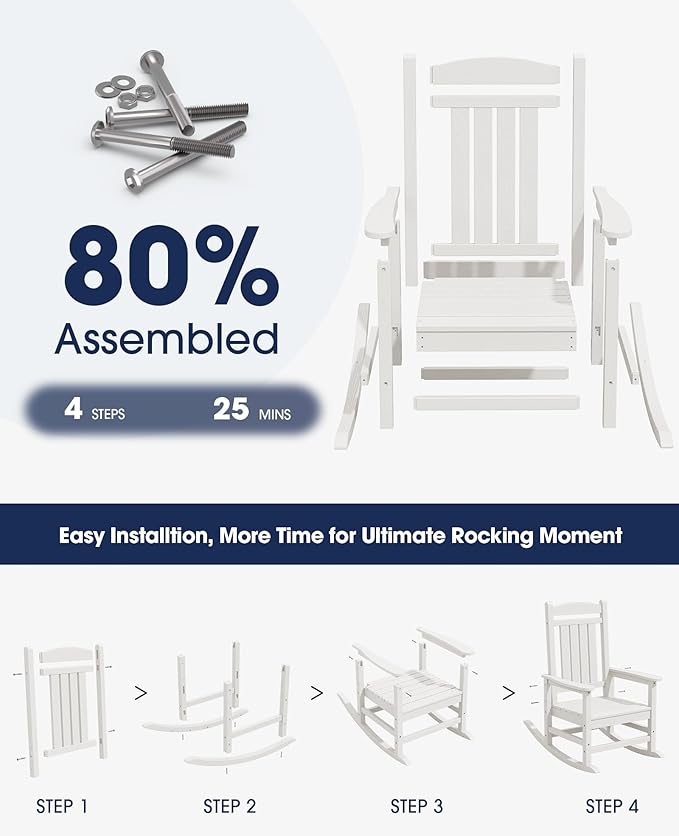 KINGYES Oversized Outdoor Rocking Chair Set of 4, High Density Polyethylene Patio Rocking Chairs with 330lbs Support for Adults, White