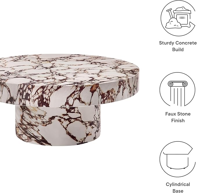 Modway Alora Round Concrete Coffee Table with Faux Stone Finish in Red Marble - Cement Accent Table for Living Room - Stone Patio Center Table - Indoor Outdoor 34 Inch Low Coffee Table