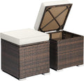 RELAX4LIFE Wicker Outdoor Storage Ottoman, 2-Piece Rattan Footstool w/Removable Cushion, Multipurpose Footrest Stool Side Table Additional Seating, Set of 2 Outdoor Ottomans for Patio Deck (Off White)