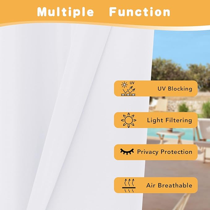HolidayIdeas Outdoor Curtains for Patio Waterproof, 2 Panels - 84 x 84 Inch - Privacy Protection & Light Filtering Curtains Grommet Outside Curtains for Porch, Gazebo, Pergola, Backyard (White)