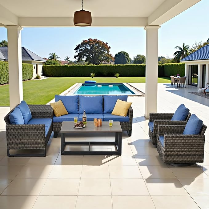 Belord Family Reunion Patio Conversation Set - 6 Piece Outdoor Sectional Furniture Set with Storage Box and Wicker Swivel Glider Chair Set of 2,Removable Blue Cushions for Deck Backyard Sunroom