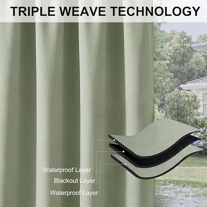 RYB HOME Outdoor Curtains for Patio Waterproof Block Sunlight Thermal Insulated Privacy Assured Thick Outside Curtains for Porch, Gazebo, Pergola, W84" x L84", Sage Green, 1 Panel