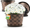 12 Inch Planter Pots for Plants, Plastic Large Flower Pots Indoor Outdoor, 4 Pack Resin Plant Pot with Drainage & Saucer, Retro Decorative Garden Pot with Removable Trays for House