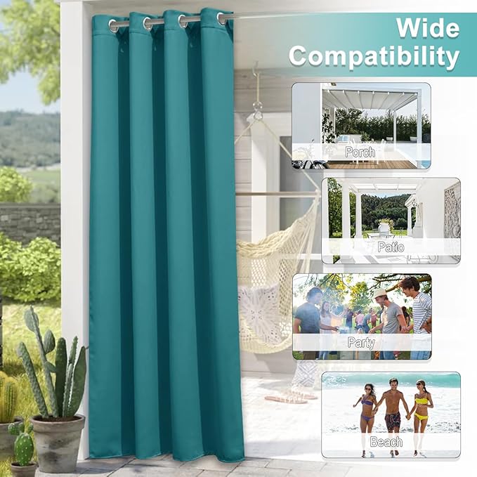 NICETOWN Peacock Teal Outdoor Curtain for Patio Waterproof, Rustproof Grommet Thermal Insulated Privacy Shade for Balcony/Porch, Weatherproof Curtain for All Season, W52 x L72, 1 Panel