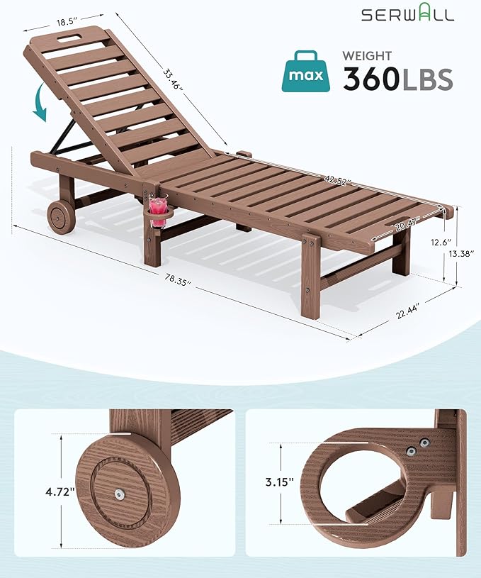 SERWALL Outdoor Chaise Lounge Set of 8, HDPE Pool Lounge Chairs with 5-Position Adjustable Backrest, Patio Loungers with Rolling Wheels & Cup Holder for Pool Sunbathing, Brown