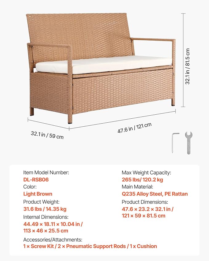 VEVOR Outdoor Storage Bench, 2-Person PE Rattan Storage Bench, 70 Gal Deck Box with Cushion, Supports up to 265 lbs, Weatherproof Outdoor Seating & Porch Decor for Patio Garden Balcony Yard