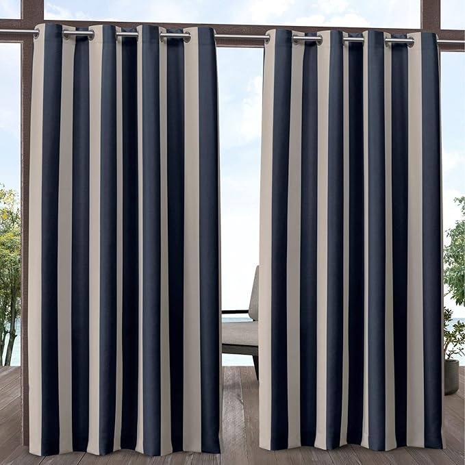 Exclusive Home Canopy Stripe Indoor/Outdoor Grommet Top Curtain Panel, 54"x84", Navy / Sand, Set of 2