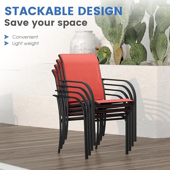 VICLLAX Patio Dining Set for 6, All Weather Metal Outdoor Furniture Set- 47" Round Patio Table and Chairs, Black Tabletop and Red Fabric