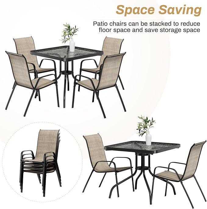 Arlopu 5 Piece Outdoor Patio Dining Set (Umbrella not Included), Porch Furniture with 4 Textline Chairs, 1 Square Glass Table for Garden, Backyard and Poolside, Lawn (Browm)