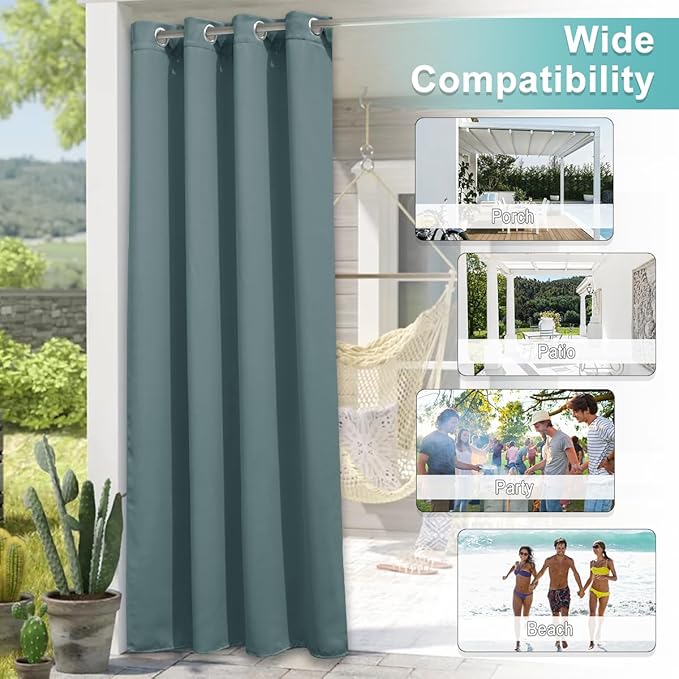 NICETOWN Greyish Blue Outdoor Curtains for Patio Waterproof, Thermal Insulated Rustproof Grommet Blackout Indoor Outdoor Gazebo Curtains Window Treatments for Outdoor Events, W52 x L84, 1 Panel