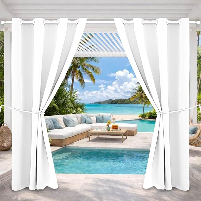 Water Proof Outside Curtains with Grommet Top for Porch, W52 x L72 Thermal Insulated Washable Light Block Outdoor Divider Drapes for Patio Pool Area Pergola Cabana (Pure White, 2 Panels)