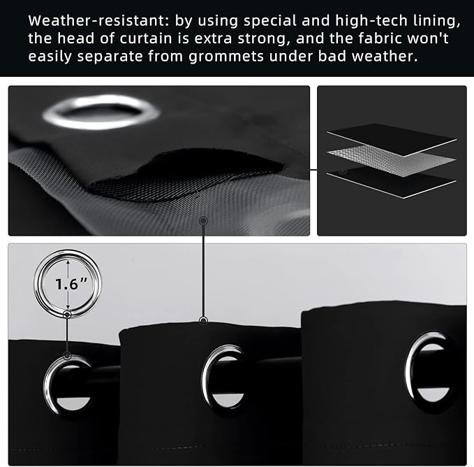 Waterproof Outdoor Curtain W105 x L95 - Grommet Top Sunlight Blocking Window Treatment Drapes Blackout Curtains for Home Bedroom Living Room Outdoor Patio Porch Pergola Cabana Gazebo (Black)
