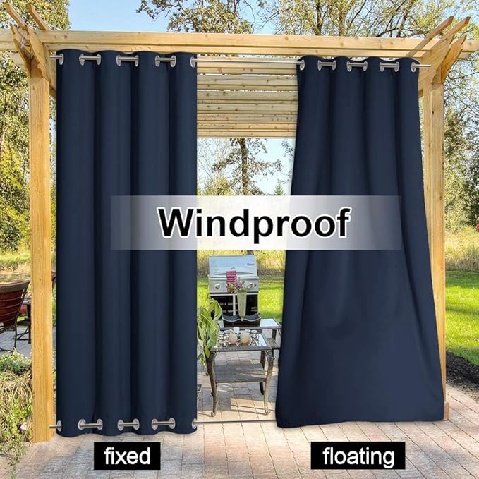 NICETOWN Gazebo Curtains Outdoor Waterproof & Windproof 95 inch Length, Top and Bottom Wind-Break Outdoor Living Divider Thermal Insulated Blackout Blinds for Patio, 52" Wide, 1 Panel, Navy Blue