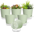 Plant Pots 5 Inch Self Watering Pots,6 Pack Plastic Planters with Drainage Holes and Clear Saucers,Plastic Flower Pots,Nursery Planting Pot for Indoor Out Door Plants (Green)
