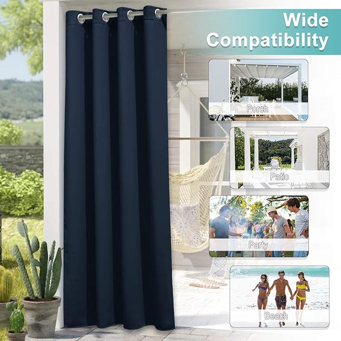 NICETOWN 2 Panels Navy Blue Outdoor Curtains for Patio Waterproof, Silver Stainless Steel Grommet Light Blocking Thermal Insulated Vertical Drapes for Front Porch & Canvas, W52 x L72