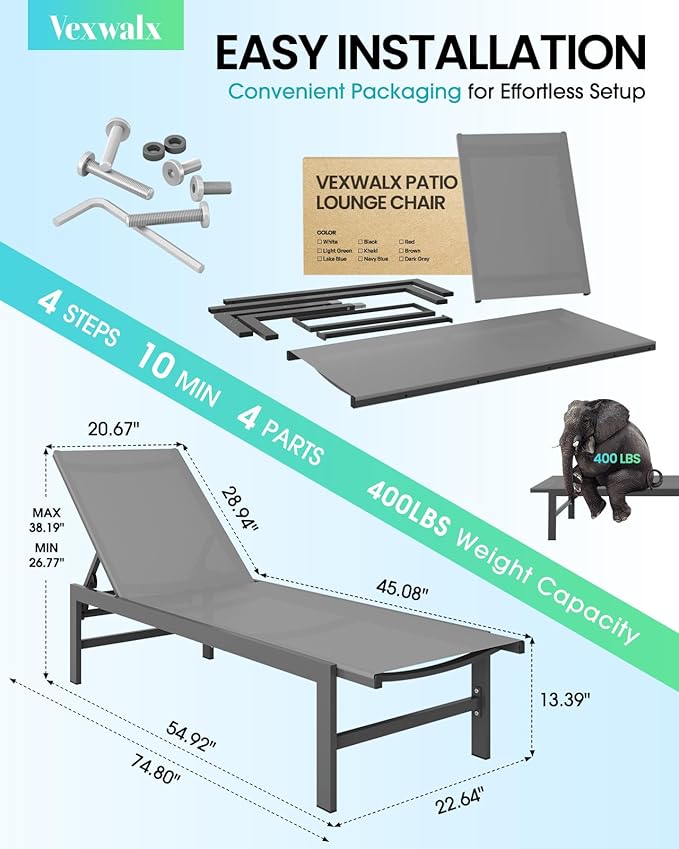 Outdoor Lounge Chair for Pool, Aluminum Chaise Lounge Chairs with 5-Position Recliner, Patio Lounge Chair for Backyard, Poolside, Deck, Lawn (Darkgray)