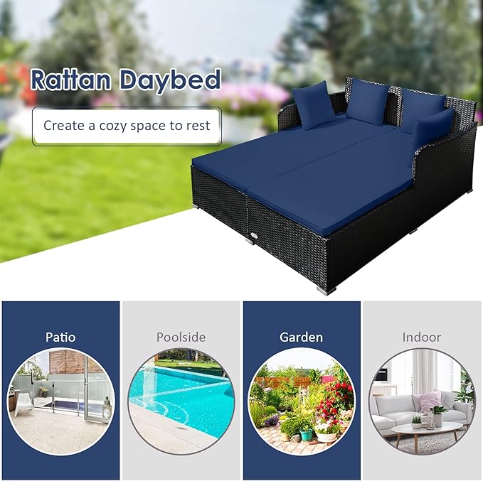 RELAX4LIFE Rattan Patio Outdoor Daybed, Wicker 2-Person Sunbed Loveseat with Soft Cushions, 4 Pillows, Curved Backrest & Armrest, Double Bed Lounger Sofa Set for Balcony Porch, Patio Bed (Navy)