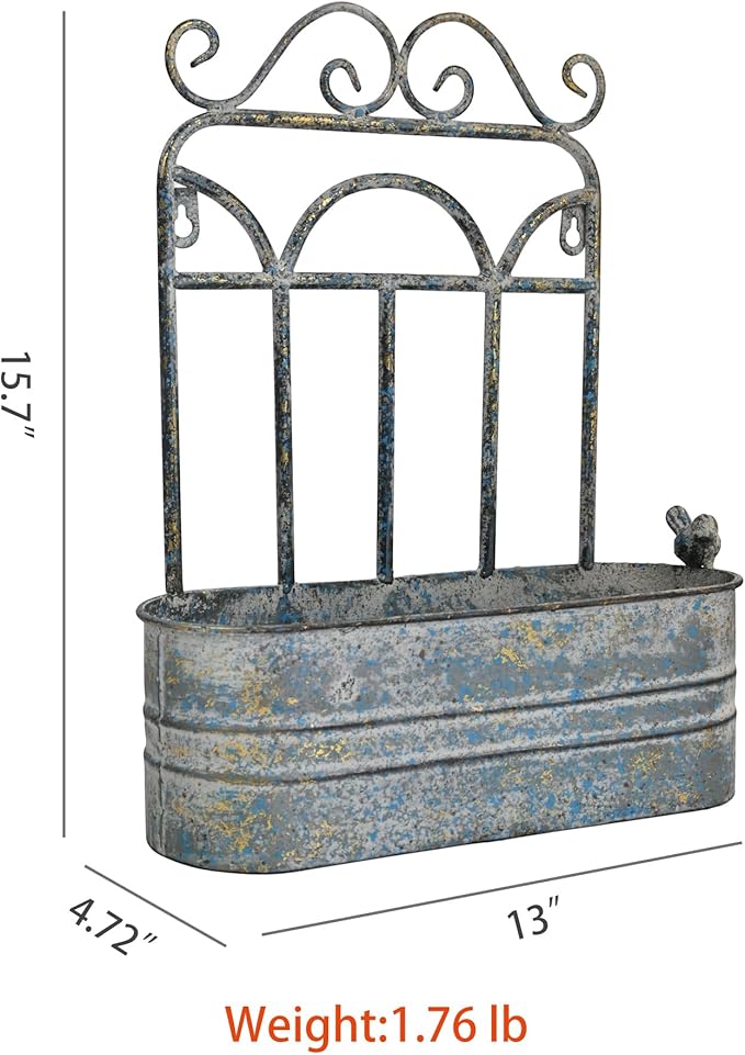 Rustic Metal Wall Planter Vintage Wall Mounted Flower Pot Distressed Wall Hanging Plant Basket Farmhouse Wall Decor for Indoor Outdoor Garden Home Yard (Gray)