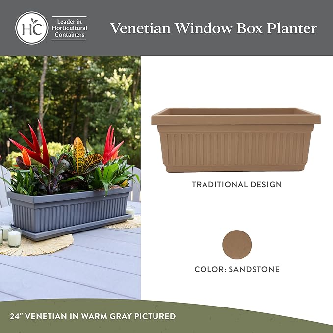 The HC Companies Venetian Window Planter Box w/Drain Plug - Long Planter Box for Windowsills, Balconies & More - Plastic Large Rectangular Planters for Herbs & Flowers (30" Sandstone, Pack of 1)