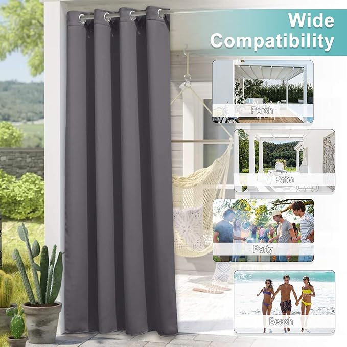 NICETOWN Outdoor Curtains for Patio 95 inch Long, 66" Wide Sun Blocking Waterproof Outside Blind for Porch/Gazebo, Weatherproof Durable Outdoor Shade, 1 Panel, 66 inches Wide x 95 inches Long, Grey