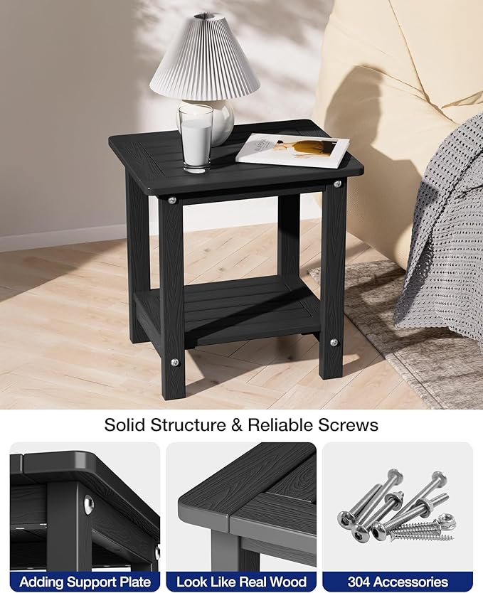 YEFU Outdoor Side Table for Patio: 16" HIPS Weather - Resistant Adirondack Tables - Waterproof Small Square End Tables for Backyard Pool Porch Balcony - Indoor Outdoor Double Layer Table Black
