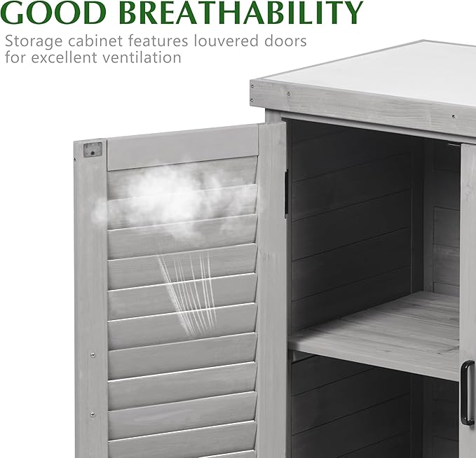 Outdoor Storage Cabinet & Potting Bench Table with Metal Top, Wooden Patio Furniture, Garden Workstation (Accent Grey, 36x31x17in)