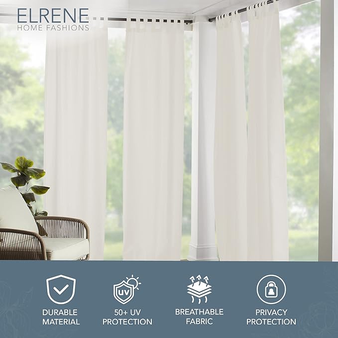 Elrene Home Fashions Matine Weatherproof Tab-Top Indoor/Outdoor Solid Color Curtain Panel for Porch, Pergola, Patio, Deck, 52”W x 84”L, Ivory