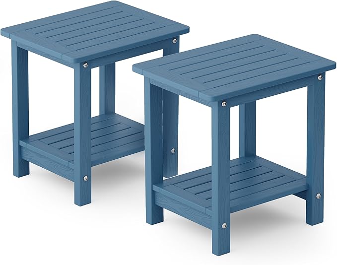 YEFU Outdoor Side Table for Patio: 16" HIPS Weather - Resistant Adirondack Tables Set of 2 - Small Square End Tables for Backyard Pool Porch Balcony - Indoor Outdoor Double Layer Table Navy Blue Blue