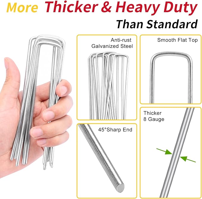 HongWay 50 Pack 6 Inch Landscape Staples, 8 Gauge Garden Stakes Heavy Duty More Thicker Galvanized Tent Stakes, Lawns Yard Staples Wind-Resistant Ground Stakes for Hard & Rocky Soil, Pet Fence