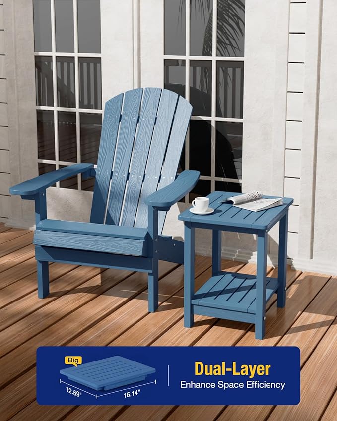 YEFU Outdoor Side Table for Patio: 16" HIPS Weather - Resistant Adirondack Tables Set of 2 - Small Square End Tables for Backyard Pool Porch Balcony - Indoor Outdoor Double Layer Table Navy Blue Blue
