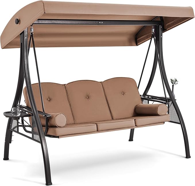 HOMREST 3 Person Outdoor Porch Swing with 1.5" Upgraded Cup Holder, Adjustable Canopy, Backrest, Patio Swing Bed with Weather Resistant Steel Frame, Cushions for Garden,Deck and Poolside(Brown)