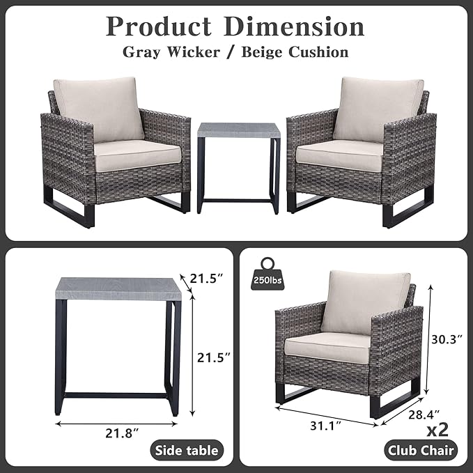 Belord Outdoor Bistro Set 3 Piece Outdoor Wicker Patio Chairs, Oversize Outdoor Rattan Seating Set, All-Weather Chairs Wicker Furniture with Metal Side Table and Water-Resistant Cushion for Outside