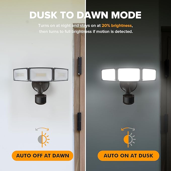 LUTEC 72W 7500LM LED Security Lights Motion Sensor Light Outdoor, 5000K Daylight, IP65 Waterproof, Dusk to Dawn, 3-Head Motion Detected Flood Light for Garage, Yard, Porch(Brown)