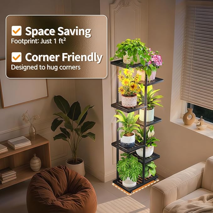LASZOLA 6 Tier Plant Stand Indoors Outdoors with Light for Large Heavy Duty Planter, Black Metal Tall Flower Holder Rack for Modern House Corner, Vertical Iron Organizer with Multiple Rustic Shelf