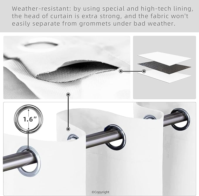Water Proof Outside Curtains with Grommet Top for Porch, W52 x L120 Thermal Insulated Washable Light Block Outdoor Divider Drapes for Patio Gazebo Deck Pool Area Pergola Cabana (Pure White)