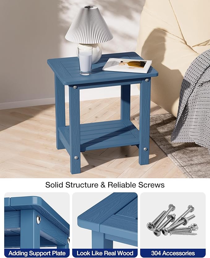 YEFU Outdoor Side Table for Patio: 16" HIPS Weather - Resistant Adirondack Tables - Waterproof Small Square End Tables for Backyard Pool Porch Balcony - Indoor Outdoor Double Layer Table Navy Blue
