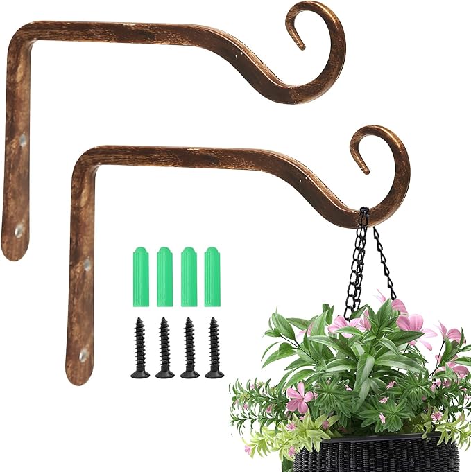 Jardim 2 Pack 6 Inch Premium Decorative Metal Iron Wall Hook, Indoor Outdoor Plant Hanger, Rustic Hanging Gardening Bracket Hook, for Planters, Bird Feeders, Lanterns, Wind Chimes (Coffee)